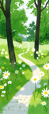 JPG 나무 꽃 행복 감정 일러스트 자연 하늘 생명 휴식 풍경 잔디 초록색 여름 햇빛 평화 산책 산책로 자유 시간 국내일러스트 AI일러스트 AI콘텐츠 식물 계절 길 컬러 컨셉 태양 생태계 파일형식