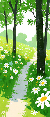 JPG 나무 식물 꽃 길 일러스트 자연 생명 휴식 국화 풍경 잔디 초록색 여름 햇빛 평화 환경 정원 산책 뷰티풀 국내일러스트 AI일러스트 AI콘텐츠 계절 컬러 컨셉 태양 생태계 파일형식