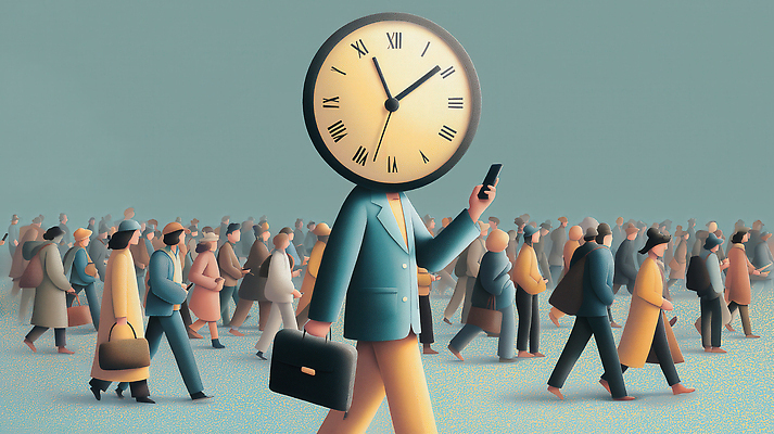 JPG 남자 얼굴 상징 시계 이동 일러스트 비즈니스 커뮤니케이션 거리 사람 풍경 일상 스마트폰 걷기 시간 도심 혼잡 주머니 스마트 바쁨 국내일러스트 AI일러스트 AI콘텐츠 컨셉 모션 라이프 신체부위 핸드폰 스마트기기 도시 파일형식