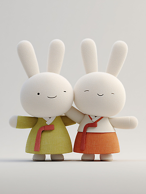 JPG 편집이미지 캐릭터 디자인 행복 문화 인형 한국 사랑 추석 귀여움 우정 토끼 전통의상 순수 아기자기 편집3D AI컴퓨터그래픽 AI콘텐츠 전통 명절 감정 아시아 컨셉 포유류 친구 반려동물 3D 파일형식