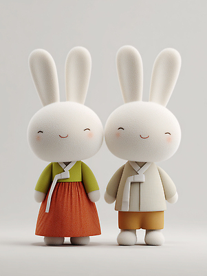 JPG 편집이미지 캐릭터 전통 디자인 옷 문화 인형 컬러 백그라운드 한국 추석 귀여움 토끼 한복 오브젝트 나란히 아기자기 편집3D AI컴퓨터그래픽 AI콘텐츠 한국전통 명절 아시아 컨셉 포유류 반려동물 3D 전통의상 파일형식