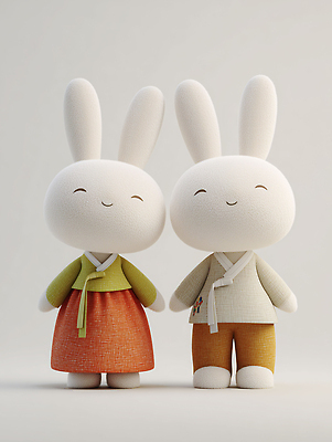 JPG 편집이미지 캐릭터 디자인 문화 인형 한국 미소 추석 귀여움 토끼 전통의상 한복 오브젝트 조화 편집3D AI컴퓨터그래픽 AI콘텐츠 한국전통 전통 명절 아시아 컨셉 포유류 표정 반려동물 3D 파일형식