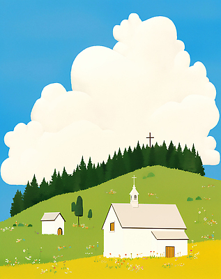 JPG 여행 일러스트 자연 날씨 풍경 초원 여름 교회 평화 일출 일몰 숲 언덕 즐거움 목가 국내일러스트 AI일러스트 AI콘텐츠 계절 감정 컨셉 종교건축 건물 노을 생태계 파일형식