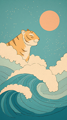 JPG 동물 구름 전통 예술 파도 바다 컬러 일러스트 자연 하늘 풍경 태양 일본 고요 일몰 호랑이 플랫 포근함 동양화 대칭 국내일러스트 AI일러스트 AI콘텐츠 자연요소 아시아 포유류 미술 노을 감각 생태계 파일형식