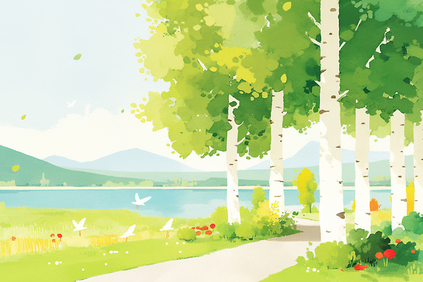 JPG 계절 꽃 호수 일러스트 자연 조류 생명 산 풍경 초록색 여름 평화 고요 산책로 숲 지역 조화 자작나무 풍경화 국내일러스트 AI일러스트 AI콘텐츠 나무 식물 동물 길 컬러 컨셉 그림 생태계 파일형식