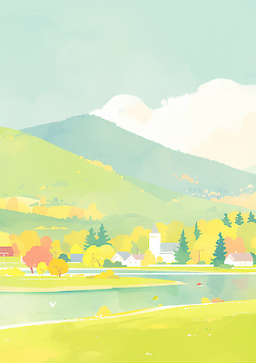 JPG 나무 구름 호수 컬러 일러스트 자연 하늘 풍경 초록색 노란색 평화 마을 가을 수면 언덕 조용 조화 뷰티풀 탐방 국내일러스트 AI일러스트 AI콘텐츠 자연요소 식물 계절 컨셉 물 생태계 파일형식