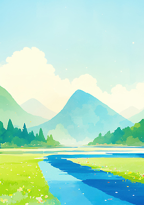 JPG 구름 여유 하늘색 일러스트 자연 하늘 날씨 수채화 산 풍경 초원 물 강 평화 숲 생태계 조용 뷰티풀 청명 국내일러스트 AI일러스트 AI콘텐츠 자연요소 감정 컨셉 파란색 파일형식