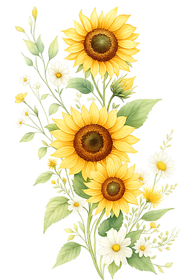 JPG 식물 꽃잎 꽃 컬러 꽃다발 잎 일러스트 자연 해바라기 미소 여름 햇빛 정원 봄 데이지 식물원 화사함 조화 만개 뷰티풀 국내일러스트 AI일러스트 AI콘텐츠 계절 컨셉 표정 태양 생태계 파일형식