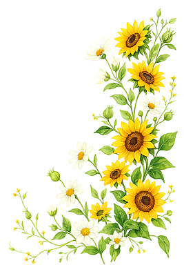 JPG 식물 꽃 화초 컬러 잎 꽃밭 일러스트 자연 생명 해바라기 여름 노란색 정원 흰색 배열 화사함 조화 뷰티풀 색감 생동감 국내일러스트 AI일러스트 AI콘텐츠 계절 컨셉 생태계 파일형식