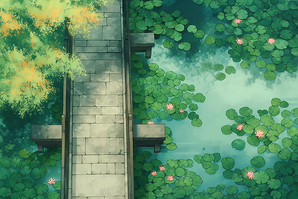 JPG 나무 여유 일러스트 자연 휴식 연꽃 풍경 파란색 평화 정원 고요 산책 가을 연못 시간 수면 수중식물 연습 돌다리 국내일러스트 AI일러스트 AI콘텐츠 식물 계절 꽃 감정 컬러 컨셉 물 다리_건축물 생태계 파일형식