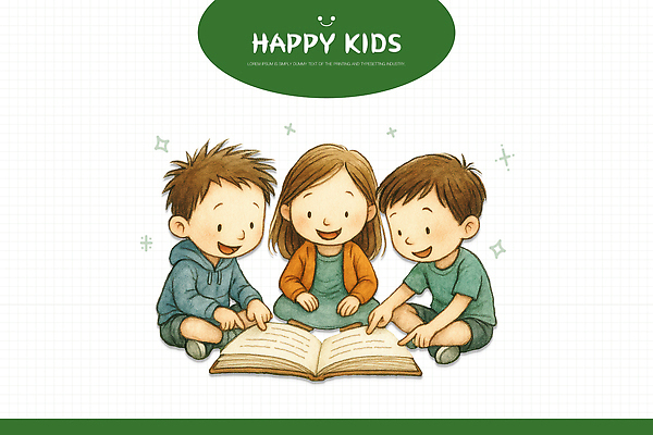 PSD 어린이 일러스트 학교 모션 상상 놀이 바닥 함께함 이야기 책 학습 독서 모임 집중 즐거움 그림책 국내일러스트 교육 감정 컨셉 사람 파일형식