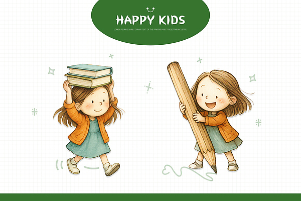 PSD 교육 행복 어린이 일러스트 교실 학교 모션 자연 놀이 이야기 웃음 소녀 책 친구 학습 연필 즐거움 그림 상상력 창의성 국내일러스트 여자 감정 관계 학용품 표정 사람 필기구 생태계 파일형식