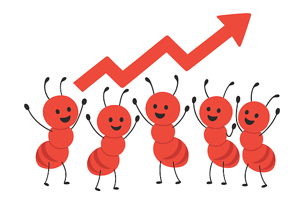 캐릭터 일러스트 모션 성공 그래프 협력 귀여움 기쁨 성장 축하 표현 사기그릇 목표 흥분 상승 개미 긍정적 국내일러스트 AI파일 그릇 감정 곤충 컨셉 파일형식 벡터