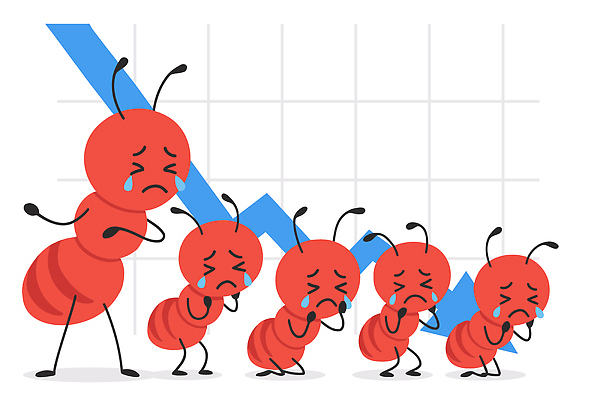 캐릭터 교육 초등학생 일러스트 통계 그래프 생물 의인화 빨간색 경제 희망 슬픔 표현 하락 눈물 걱정 전달 개미 서류판 국내일러스트 AI파일 학생 감정 컬러 곤충 컨셉 사람 사무용품 파일형식 벡터