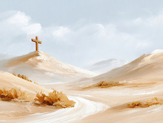 JPG 식물 종교 모래 여행 십자가 일러스트 자연 거리 풍경 햇빛 평화 희망 고요 사막 기도 영혼 언덕 조용 국내일러스트 AI일러스트 AI콘텐츠 감정 컨셉 태양 생태계 파일형식