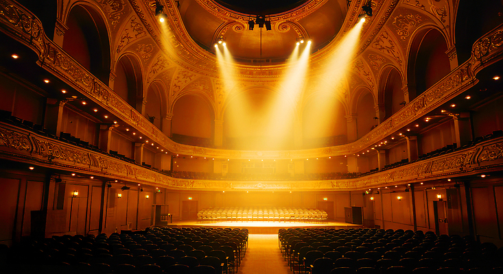 JPG 편집이미지 디자인 건축 문화 예술 의자 조명 내부 노란색 공연 무대 군중 공연장 연극 뮤지컬 편집실사 AI포토 AI콘텐츠 컬러 가구 문화예술 사람 이벤트 극장 CG 파일형식