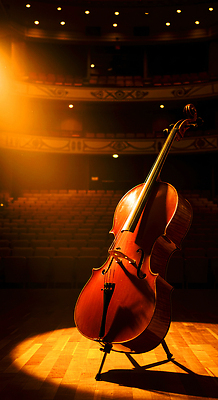 JPG 편집이미지 문화 예술 악기 음악 조명 소리 공연 무대 분위기 클래식 공연장 첼로 객석 빈자리 색감 편집실사 AI포토 AI콘텐츠 컨셉 문화예술 이벤트 극장 CG 파일형식 찰현악기