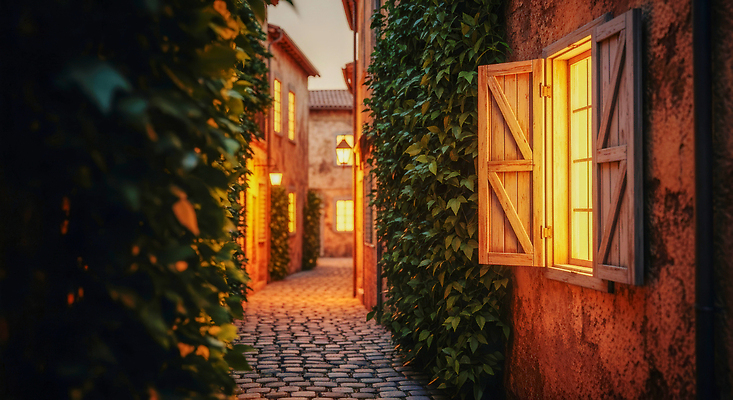 JPG 식물 편집이미지 창문 자연 벽돌 거리 건물 빛 황혼 도시 분위기 골목길 저녁 편안함 편집실사 AI포토 AI콘텐츠 건축물 길 컨셉 일몰 감각 야간 CG 생태계 파일형식