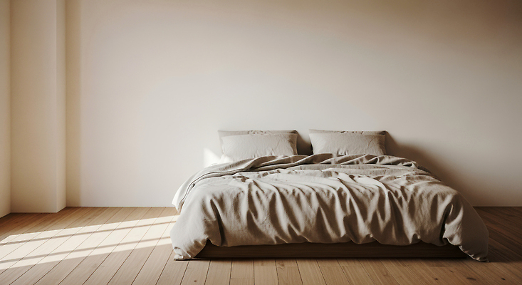 JPG 편집이미지 디자인 베개 주택 실내 따뜻함 인테리어 공간 이불 침대 편안함 모던 나무바닥 편집실사 AI포토 AI콘텐츠 가구 침구 바닥 내부 건물 감각 CG 파일형식