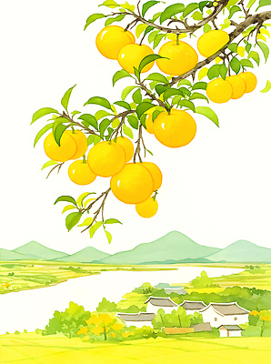 JPG 나무 구름 열매 농업 과일 일러스트 자연 하늘 가지 귤 산 풍경 초록색 여름 강 농장 노란색 농촌 시골 국내일러스트 AI일러스트 AI콘텐츠 자연요소 식물 계절 산업 컬러 채소 생태계 파일형식