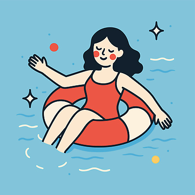 여자 수영복 바다 일러스트 모션 손짓 해변 물 여름 햇빛 수영 원형 유머 수면 즐거움 해수욕 튜브 국내일러스트 AI파일 자연요소 도형 옷 계절 감정 휴가 사람 태양 수상스포츠 파일형식 벡터