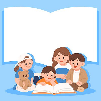 교육 일러스트 가족 모션 놀이 동화 함께함 이야기 웃음 책 친구 곰인형 읽기 즐거움 상상력 오후 지역사회 국내일러스트 AI파일 감정 인형 컨셉 관계 표정 파일형식 벡터