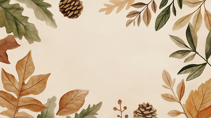 JPG 식물 디자인 예술 컬러 백그라운드 잎 패턴 일러스트 자연 수채화 장식 초록색 갈색 가을 분위기 손그림 솔방울 감성 테마 국내일러스트 AI일러스트 AI콘텐츠 계절 컨셉 무늬 생태계 파일형식