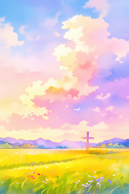 JPG 구름 꽃 종교 십자가 일러스트 자연 하늘 산 풍경 초원 여름 평화 노을 맑음 고요 일몰 저녁 신비 색감 국내일러스트 AI일러스트 AI콘텐츠 자연요소 식물 계절 컨셉 날씨 야간 생태계 파일형식