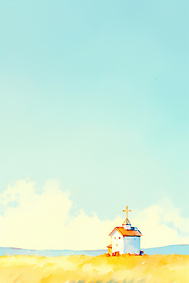 JPG 구름 건축물 종교 일러스트 자연 하늘 풍경 초원 파란색 교회 평화 일출 고요 일몰 시골 뷰티풀 국내일러스트 AI일러스트 AI콘텐츠 자연요소 건축 컬러 컨셉 종교건축 건물 노을 생태계 파일형식