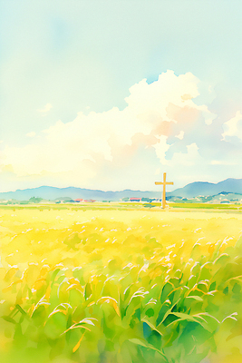 JPG 구름 십자가 일러스트 자연 하늘 풍경 초원 파란색 농경지 교회 평화 일출 희망 들꽃 농부 지역사회 국내일러스트 AI일러스트 AI콘텐츠 자연요소 직업 꽃 감정 컬러 컨셉 종교건축 건물 농장 노을 생태계 파일형식