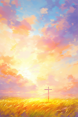 JPG 구름 종교 십자가 일러스트 자연 하늘 풍경 빛 태양 평화 믿음 고요 일몰 하나님 위로 뷰티풀 색채 평야 국내일러스트 AI일러스트 AI콘텐츠 자연요소 감정 컨셉 노을 신_종교 생태계 파일형식