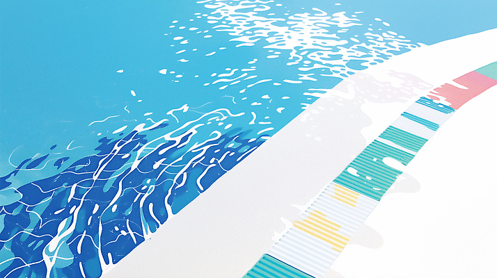 JPG 여유 컬러 일러스트 모션 자연 레저 휴식 수영장 풍경 야외 물 여름 햇빛 반사 맑음 수영 수면 시원함 타일 즐거움 국내일러스트 AI일러스트 AI콘텐츠 자연요소 계절 감정 컨셉 날씨 태양 수상스포츠 생태계 파일형식