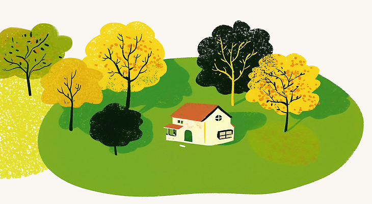 PSD 나무 계절 일러스트 자연 나뭇잎 주택 풍경 일상 그래픽 초록색 노란색 평화 고요 공간 농촌 편안함 언덕 생태계 조용 단순화된 국내일러스트 식물 컬러 컨셉 잎 건물 라이프 시골 감각 파일형식