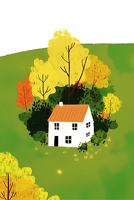 PSD 나무 컬러 일러스트 자연 주택 따뜻함 풍경 초원 일상 초록색 고요 가을 흰색 숲 조화 목가 국내일러스트 식물 계절 건물 라이프 생태계 파일형식