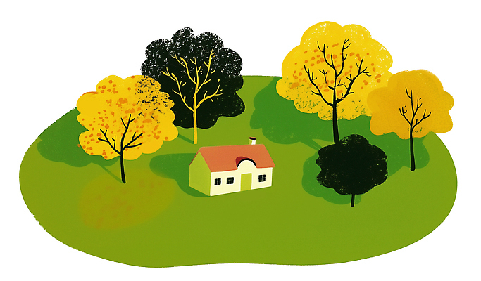 PSD 나무 컬러 백그라운드 일러스트 자연 주택 풍경 초원 햇빛 평화 가을 숲 언덕 그라데이션 조화 단정 생동감 국내일러스트 식물 계절 컨셉 건물 태양 생태계 파일형식
