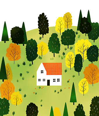 PSD 나무 컬러 일러스트 자연 생명 주택 풍경 초록색 노란색 평화 정원 가을 흰색 숲 편안함 언덕 뷰티풀 풍요 국내일러스트 식물 계절 컨셉 건물 감각 생태계 파일형식