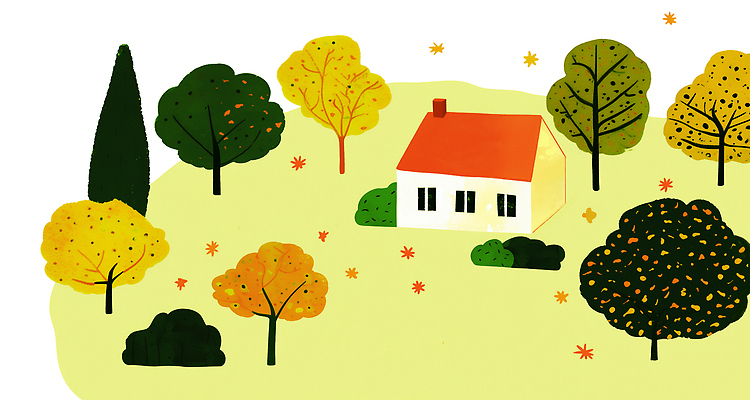 PSD 나무 일러스트 자연 주택 풍경 빨간색 초록색 노란색 평화 귀여움 가을 숲 힐링 조용 조화 색감 자취 국내일러스트 식물 계절 컬러 컨셉 건물 생태계 파일형식