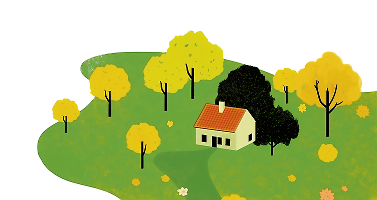 PSD 나무 여유 컬러 일러스트 자연 주택 풍경 초원 사람없음 야외 일상 평화 환경 가을 언덕 조화 단순화된 새소리 풍요 국내일러스트 식물 계절 감정 컨셉 건물 라이프 생태계 파일형식
