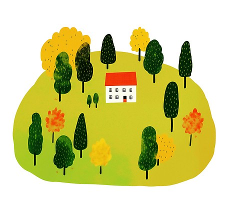 PSD 나무 식물 여유 컬러 일러스트 자연 나뭇잎 주택 풍경 일상 초록색 평화 환경 가을 흰색 숲 언덕 조화 단순화된 뷰티풀 국내일러스트 계절 감정 컨셉 잎 건물 라이프 생태계 파일형식