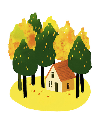 PSD 나무 일러스트 자연 생명 나뭇잎 주택 따뜻함 풍경 생활 노란색 고요 가을 숲 편안함 조화 색감 국내일러스트 식물 계절 컬러 잎 건물 감각 생태계 파일형식