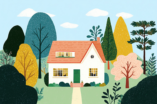 JPG 나무 식물 디자인 예술 컬러 일러스트 자연 하늘 주택 밝음 풍경 여름 정원 공간 편안함 그림 조화 뷰티풀 경관 국내일러스트 AI일러스트 AI콘텐츠 계절 건물 감각 생태계 파일형식