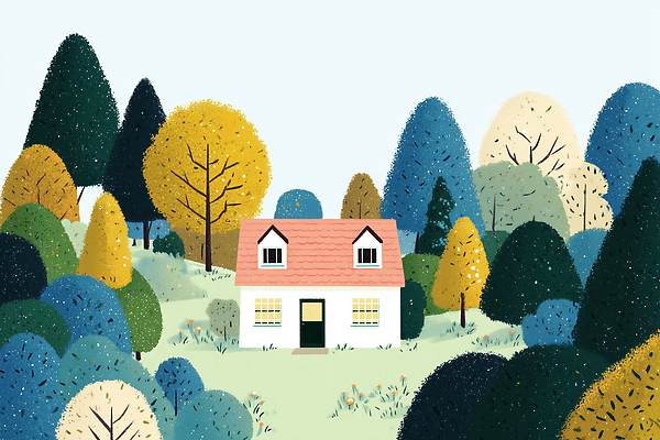 JPG 나무 동물 감정 컬러 단풍 일러스트 자연 하늘 산 주택 풍경 초록색 햇빛 평화 귀여움 가을 시골 숲 조화 국내일러스트 AI일러스트 AI콘텐츠 식물 계절 컨셉 잎 건물 태양 생태계 파일형식