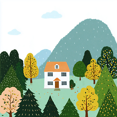 JPG 나무 사계절 일러스트 자연 산 주택 풍경 초원 생활 파란색 평화 환경 언덕 생태계 조경 주택가 단독주택 생활공간 주거지 국내일러스트 AI일러스트 AI콘텐츠 식물 계절 컬러 컨셉 건물 파일형식