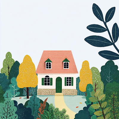 JPG 나무 컬러 일러스트 창문 자연 지붕 주택 풍경 생활 여름 평화 환경 정원 공간 숲 편안함 땅 조화 뷰티풀 집짓기 국내일러스트 AI일러스트 AI콘텐츠 식물 계절 컨셉 모션 건물 감각 생태계 파일형식