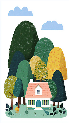 JPG 나무 컬러 일러스트 자연 하늘 휴식 주택 따뜻함 풍경 평화 귀여움 환경 정원 산책 숲 그림 생태계 조용 국내일러스트 AI일러스트 AI콘텐츠 식물 컨셉 건물 파일형식