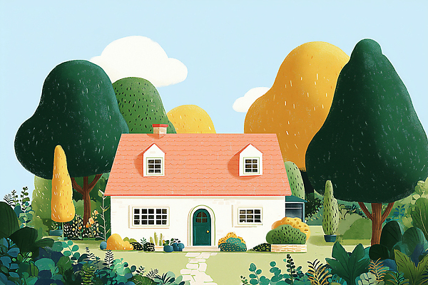 JPG 나무 식물 꽃 일러스트 창문 자연 하늘 출입구 주택 풍경 초원 초록색 여름 노란색 평화 귀여움 정원 시골 허브 색채 국내일러스트 AI일러스트 AI콘텐츠 계절 컬러 컨셉 건물 생태계 파일형식