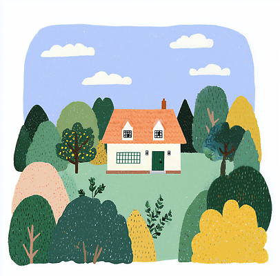 JPG 나무 식물 구름 컬러 일러스트 자연 주택 풍경 여름 평화 정원 시골 그림 조화 단독주택 국내일러스트 AI일러스트 AI콘텐츠 자연요소 계절 컨셉 건물 생태계 파일형식