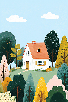 JPG 나무 식물 컬러 일러스트 자연 주택 풍경 잔디 야외 정원 산책 빌라 조경 조화 아기자기 국내일러스트 AI일러스트 AI콘텐츠 컨셉 휴식 건물 생태계 파일형식