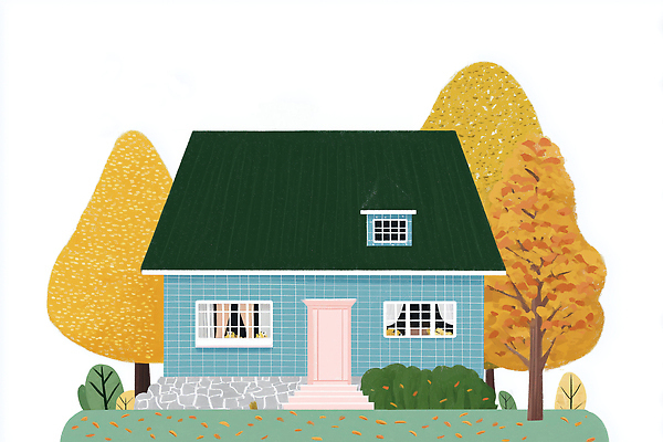 JPG 나무 계절 건축 단풍 일러스트 자연 주택 풍경 파란색 평화 정원 가을 그림 집앞 국내일러스트 AI일러스트 AI콘텐츠 식물 컬러 컨셉 잎 건물 생태계 파일형식