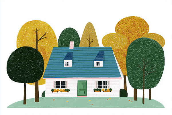JPG 나무 일러스트 자연 휴식 주택 따뜻함 풍경 야외 목재 초록색 노란색 평화 정원 고요 가을 편안함 주택가 단독주택 단순화된 색채 국내일러스트 AI일러스트 AI콘텐츠 식물 계절 컬러 컨셉 재료 건물 감각 생태계 파일형식